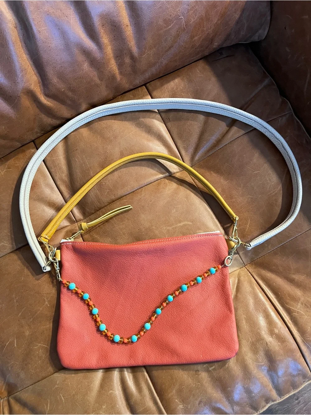 Baqette Leather Crossbody Bag with 2 Straps and Decorative Beadshop Brand Strap